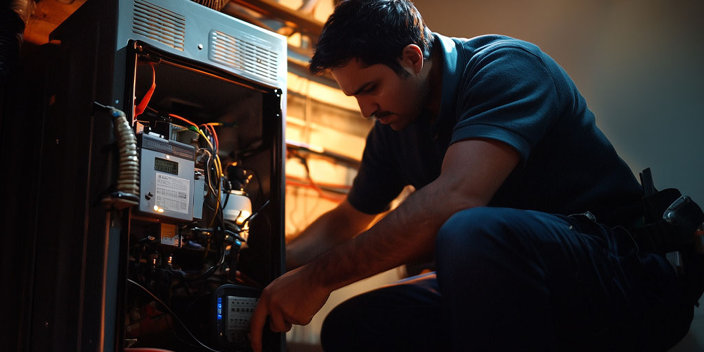 Heating Technician Inspecting Furnace in a Home