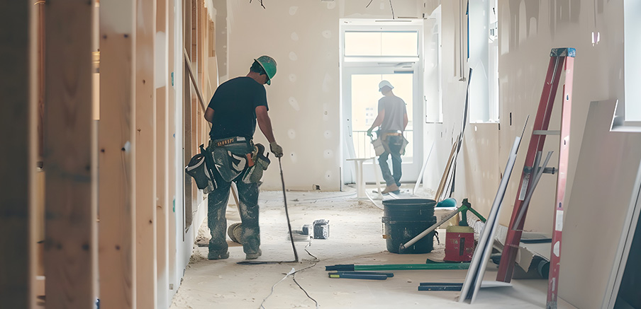 electricians installing wiring in new building